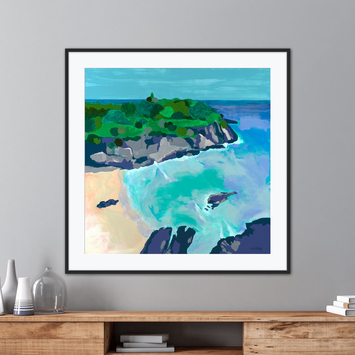 Blue Rocks example paper print in black frame - Madeleine McKinlay Art