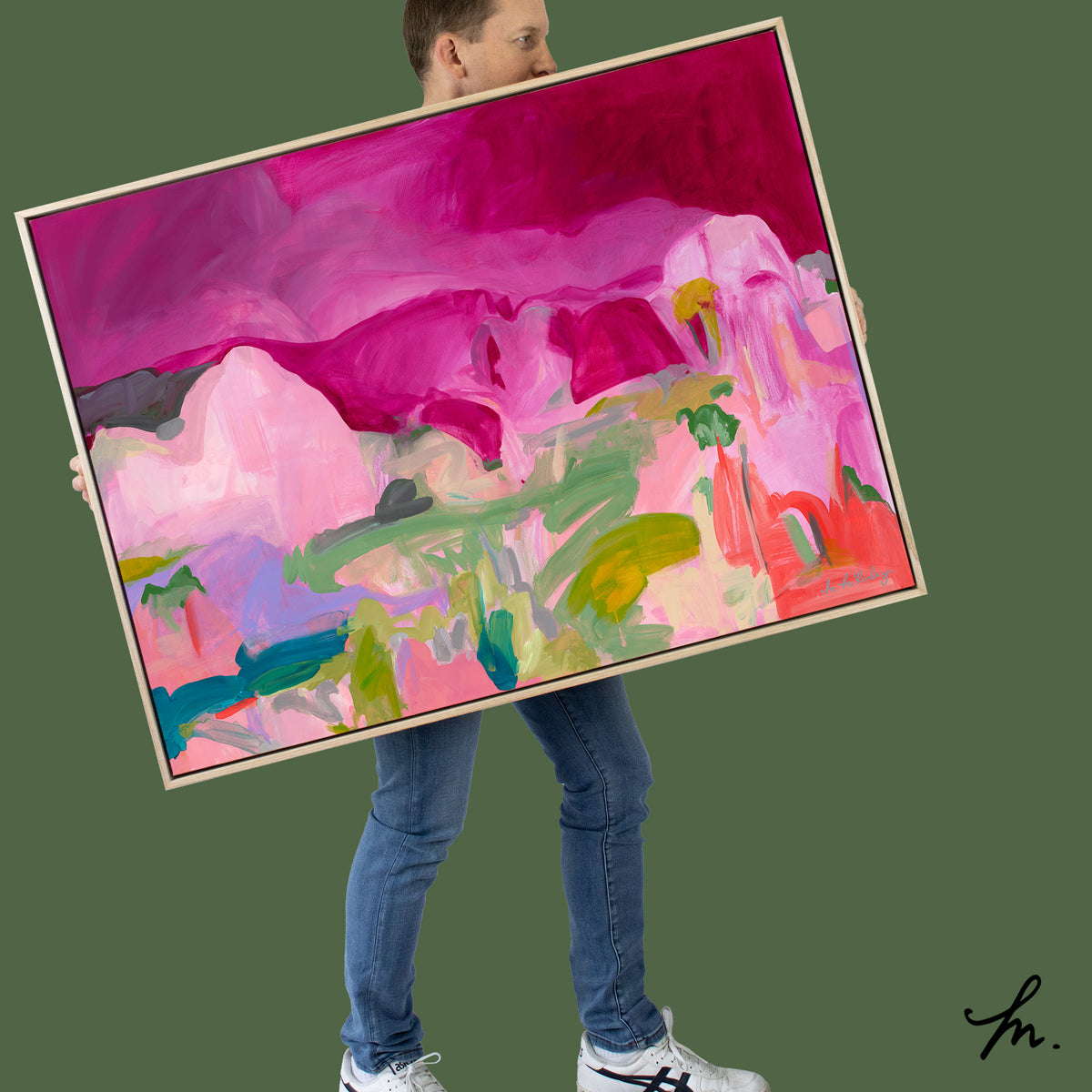 Artwork &#39;All I See Is Pink&#39; framed, being held by the artists husband