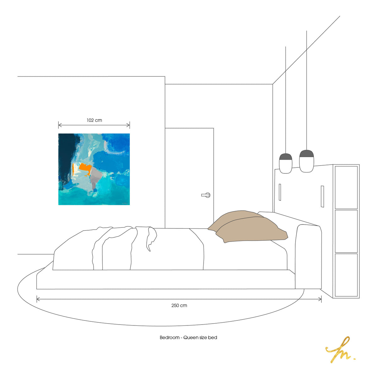 Artwork &#39;Blue Bird Day&#39; print, hanging on a wall in a bedroom