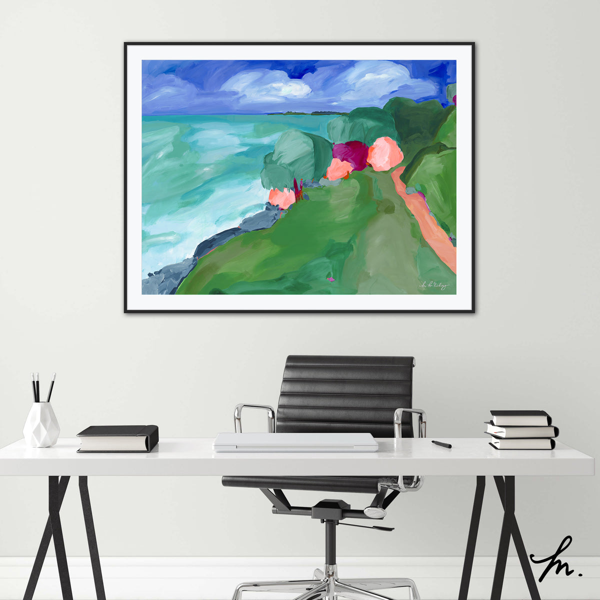 Artwork &#39;Burleigh Beckoning&#39; print, framed and hung on a wall in an office 