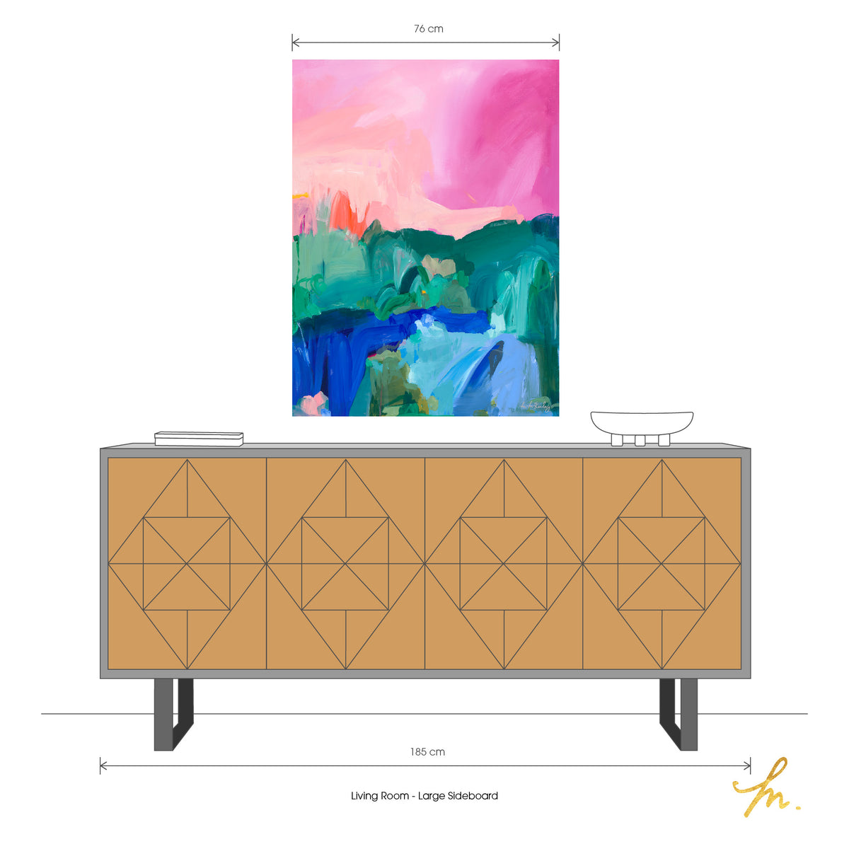 Artwork &#39;Candy Skies&#39; print hung above a sideboard