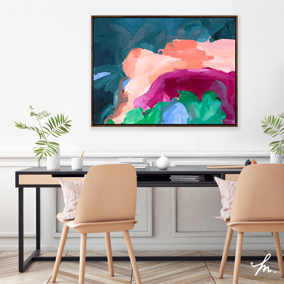 Artwork &#39;Dancing in the Moonlight&#39; framed, hanging on a wall above a home study desk 