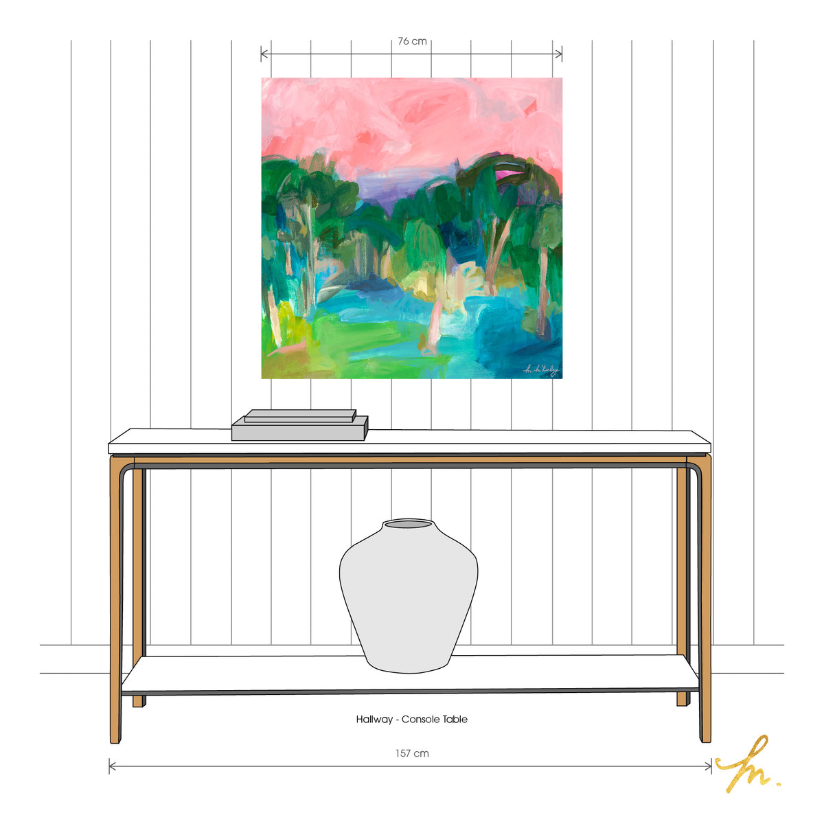 Artwork &#39;Day&#39;s End&#39; print, unframed hanging in an hallway above a console table