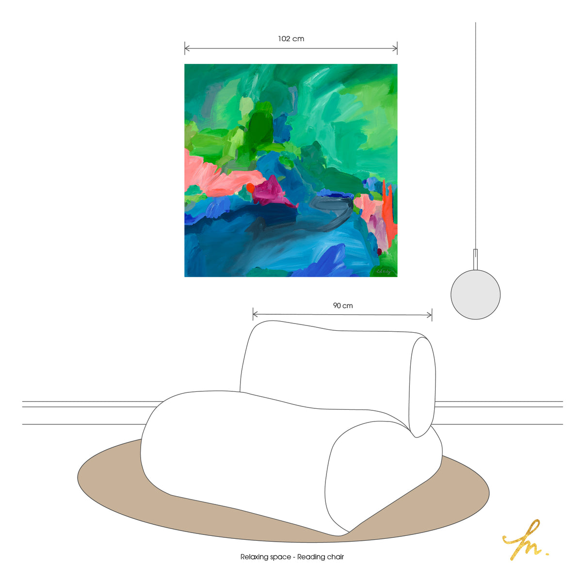 Artwork &#39;Down by the Billabong&#39; print, unframed, hanging on a wall behind a reading chair 