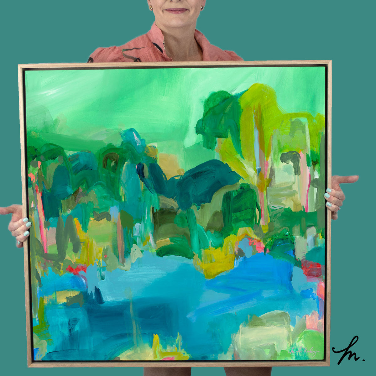 Artwork &#39;Evergreen&#39; being held by the artist