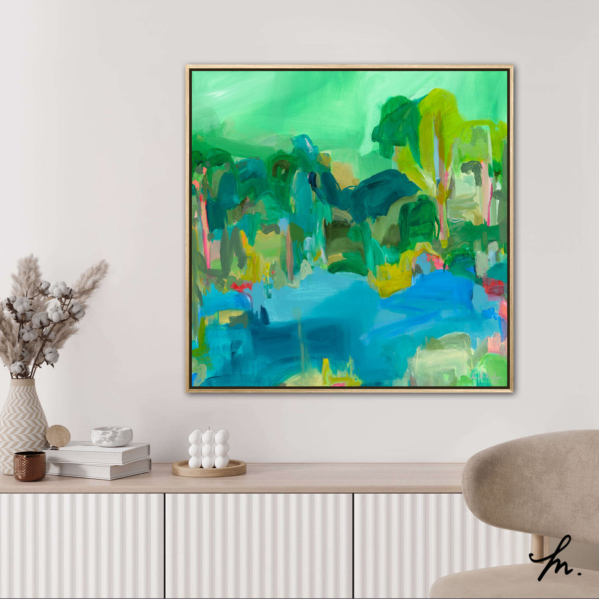 Artwork &#39;Evergreen&#39; framed, hanging on a wall above a sideboard