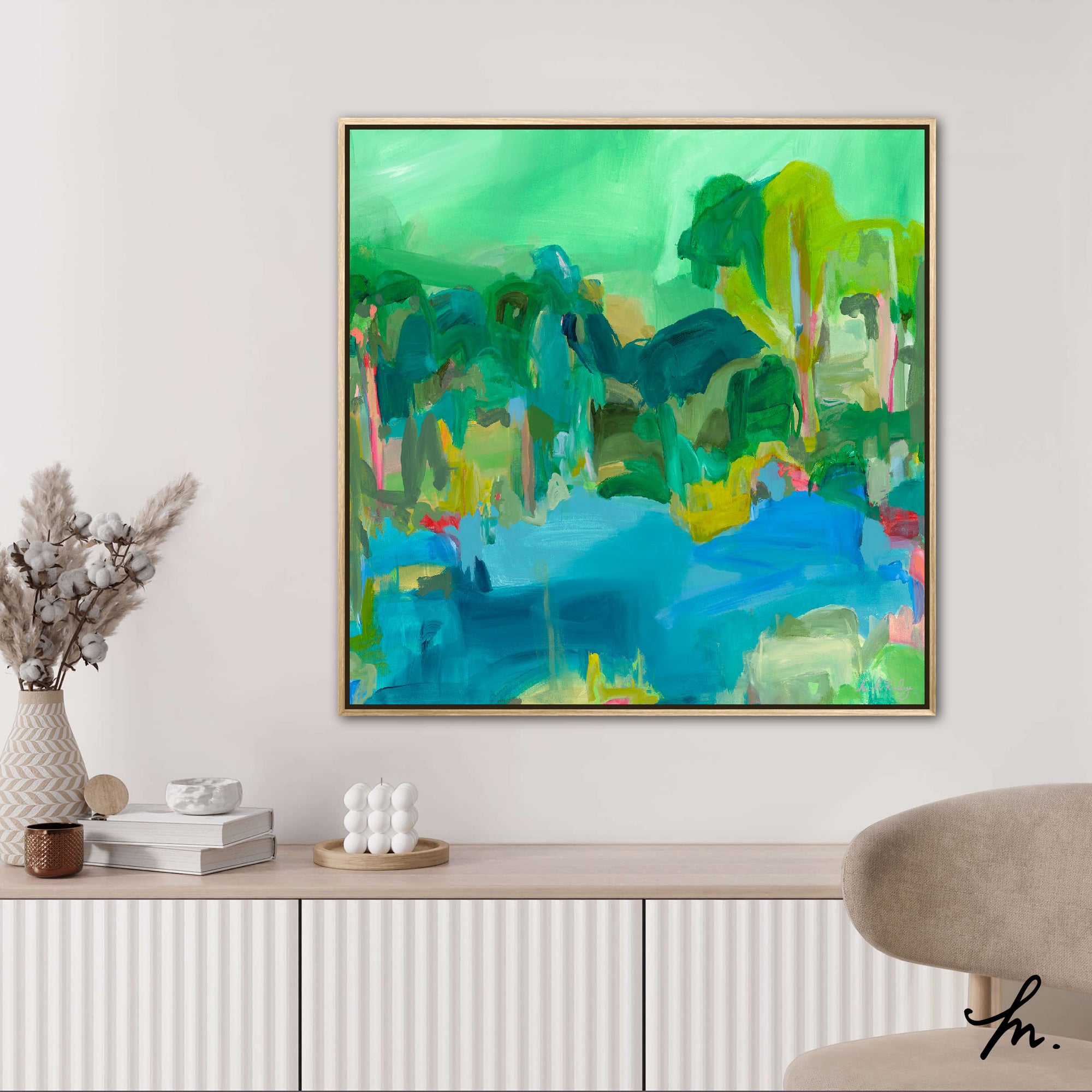 Artwork 'Evergreen' framed, hanging on a white wall