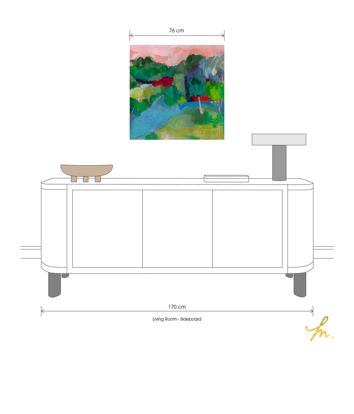 Artwork &#39;Farm Stay&#39; print, unframed hanging on a wall behind a sideboard